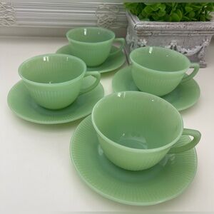 Vintage Fire King Jadeite Oven Ware Jane Ray Tea Cups & Saucers Set of 4